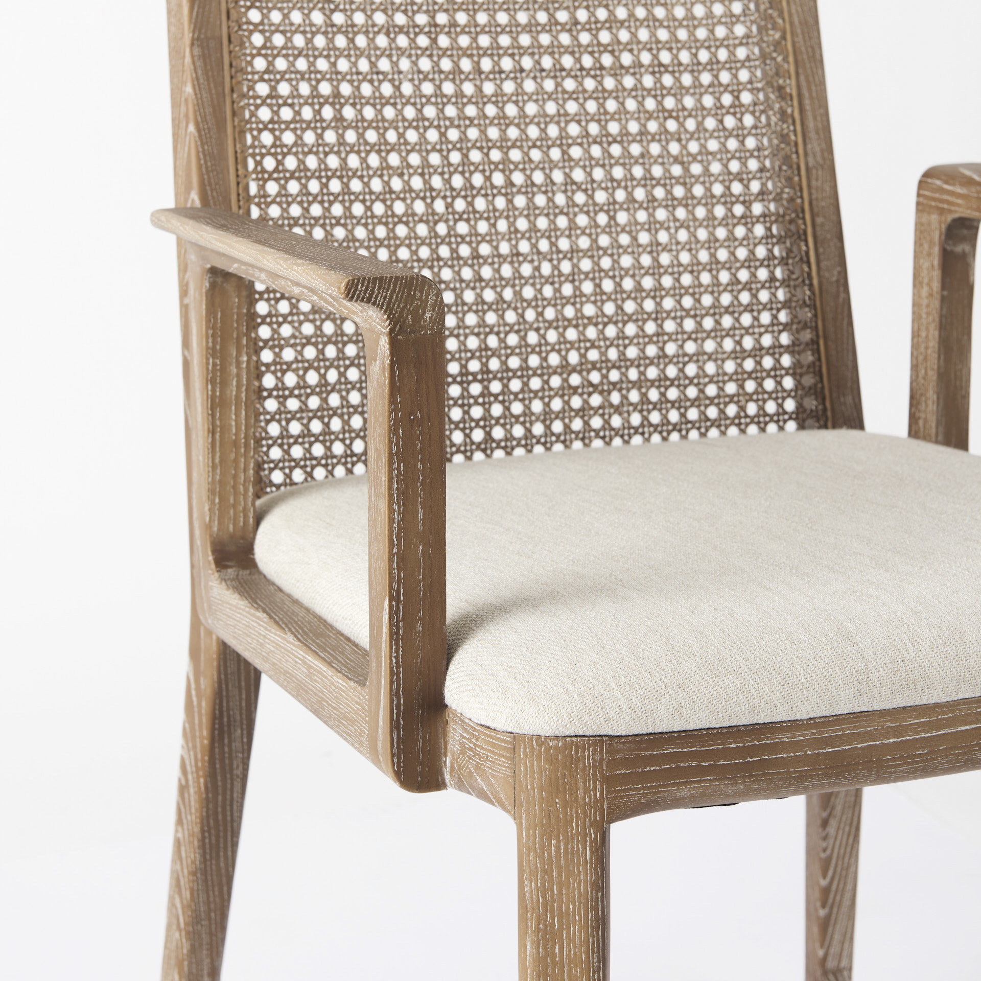 clara light brown wood w/ cream fabric seat and cane back dining chair