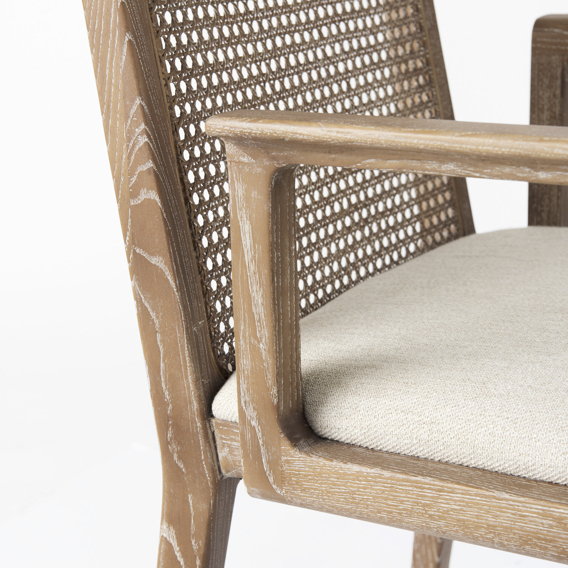 clara light brown wood w/ cream fabric seat and cane back dining chair
