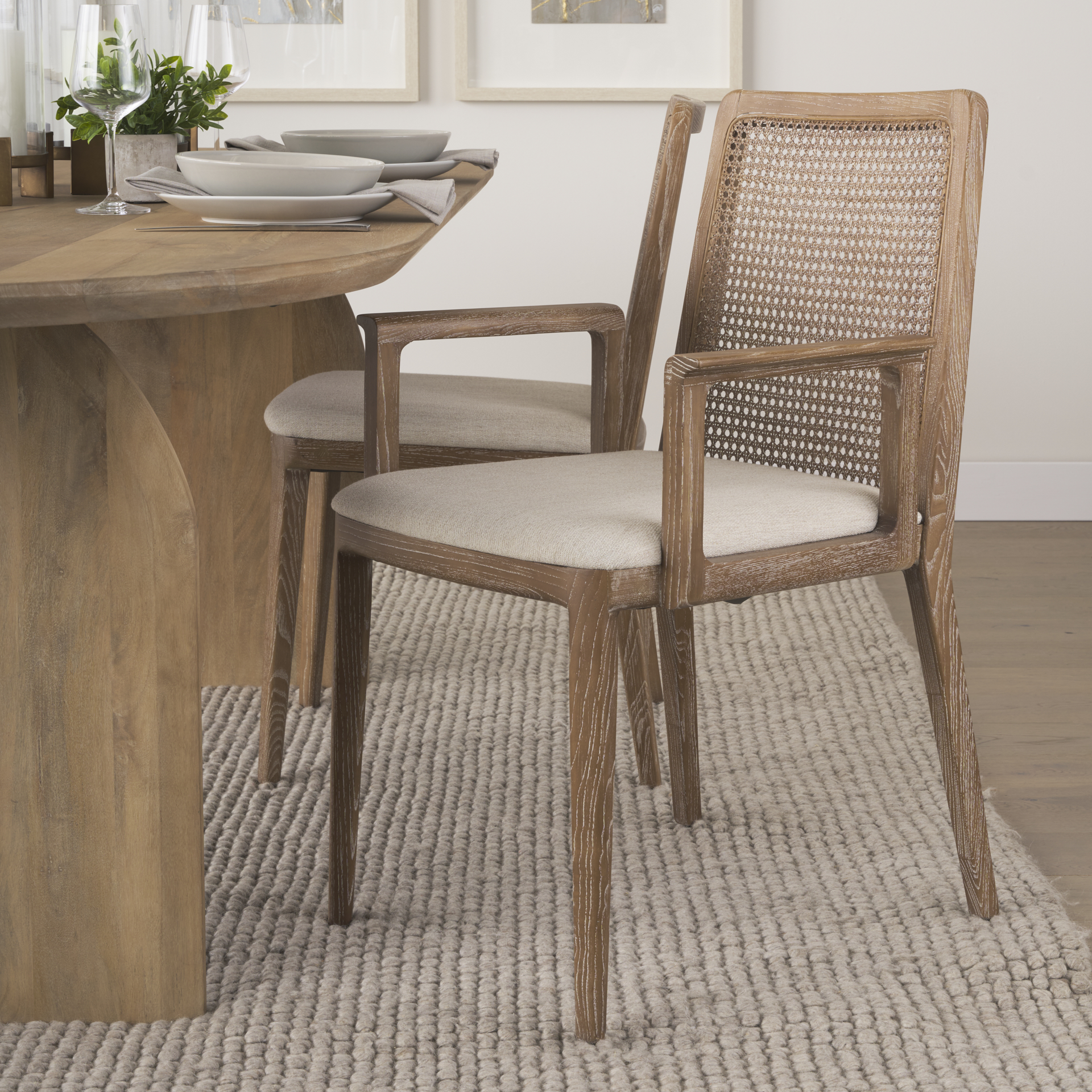 clara light brown wood w/ cream fabric seat and cane back dining chair