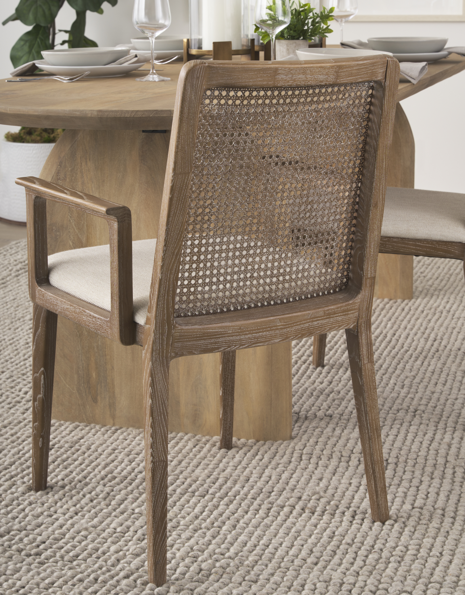 clara light brown wood w/ cream fabric seat and cane back dining chair