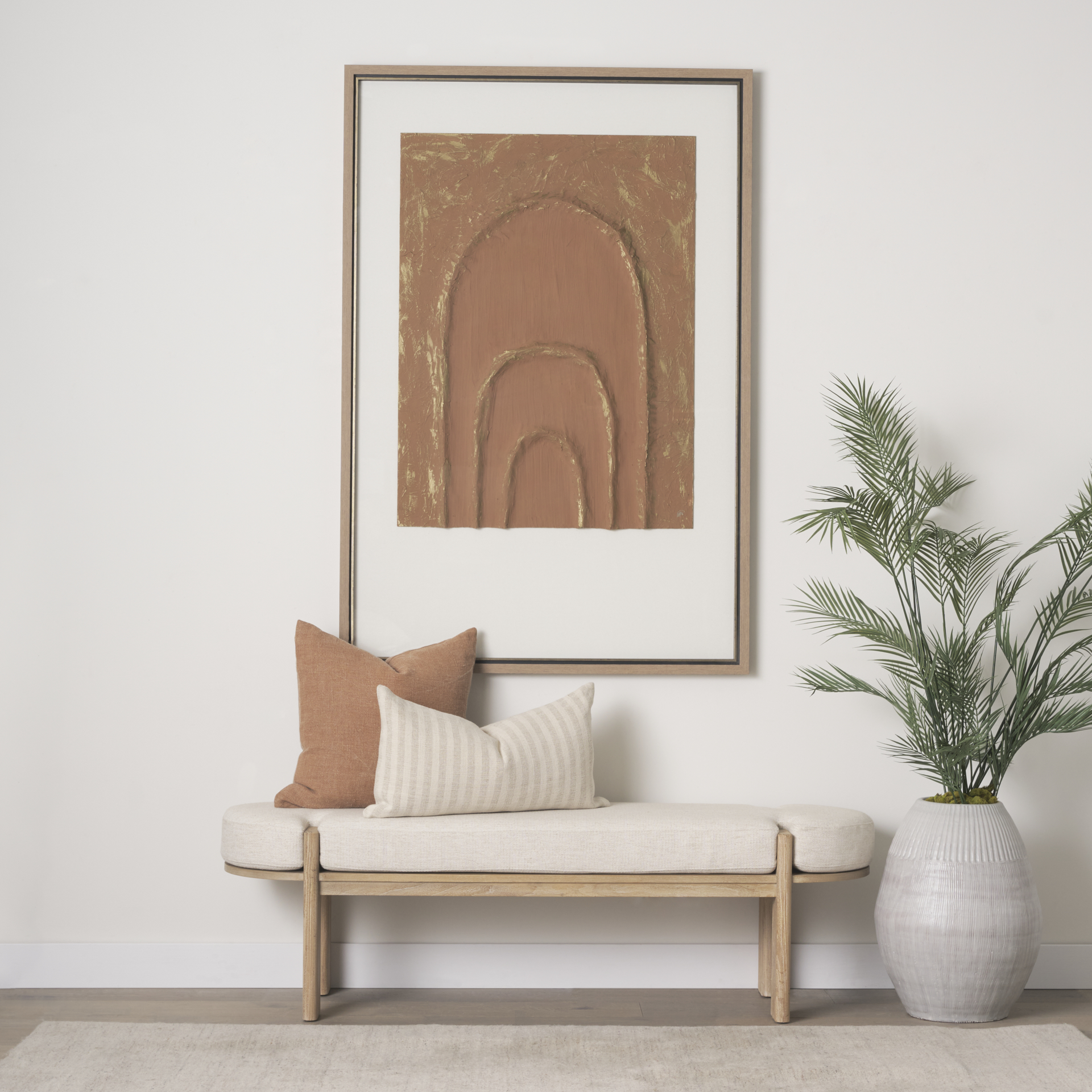 sohan light brown elm wood w/ oatmeal fabric bench