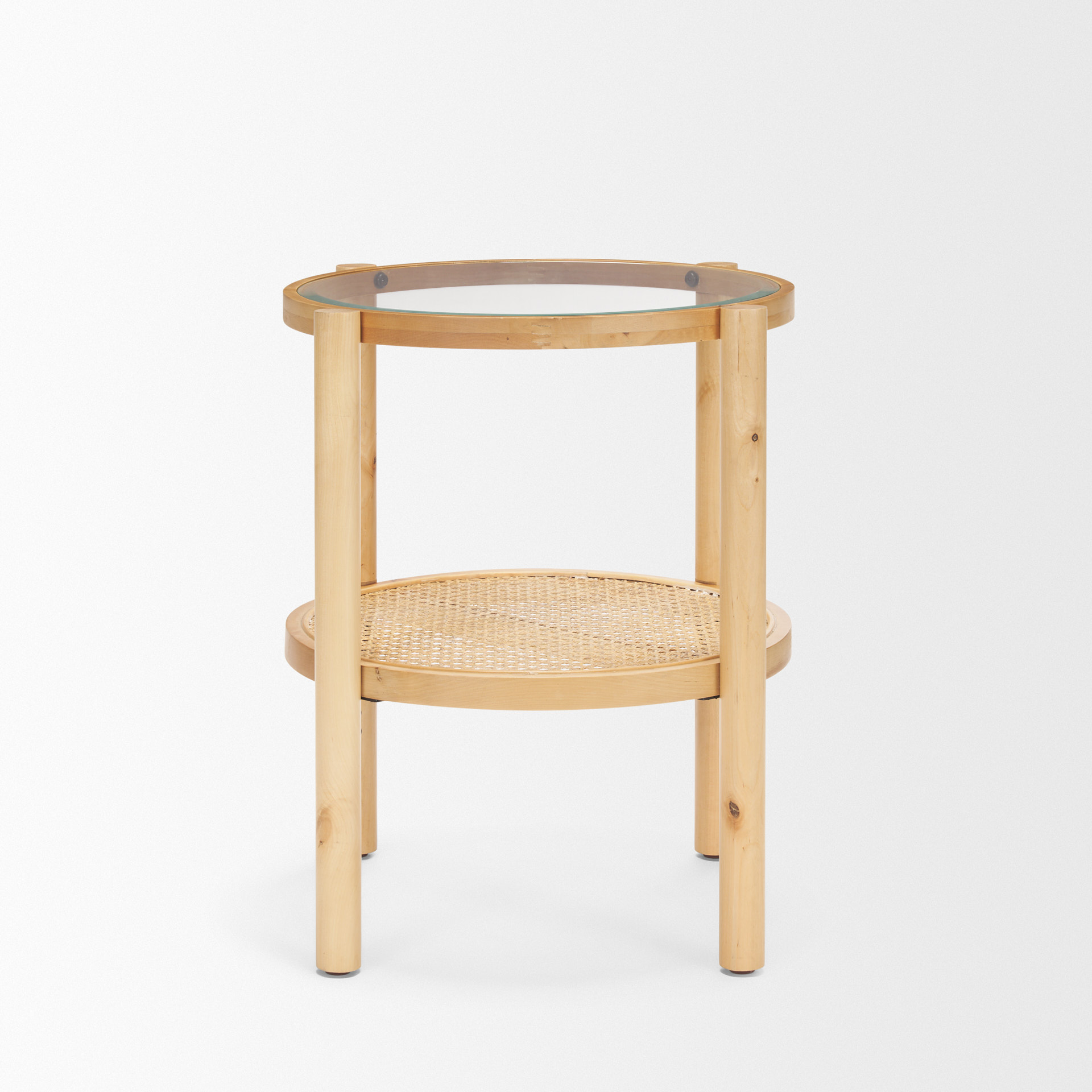 weslyn solid light brown wood and glass top w/ cane side table