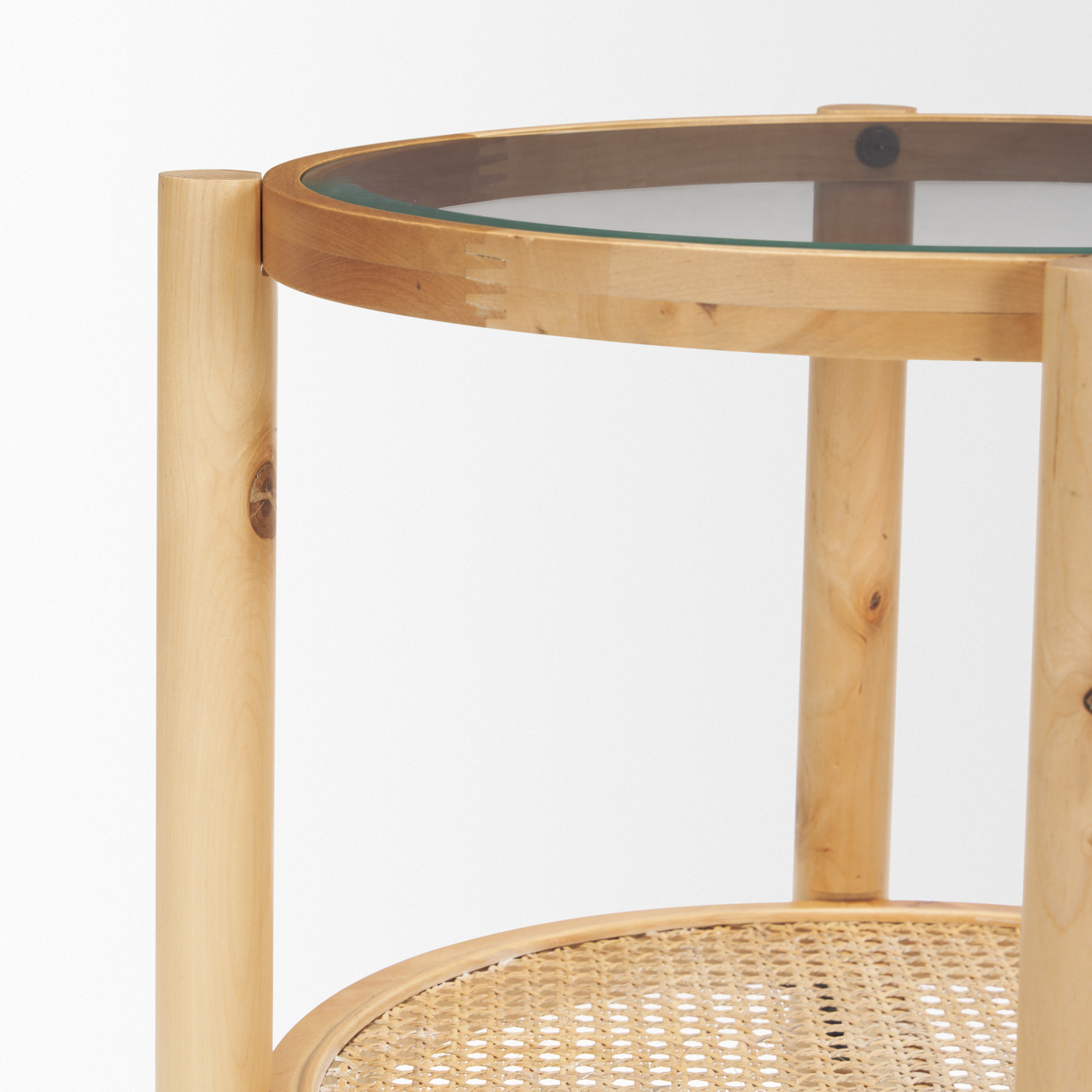 weslyn solid light brown wood and glass top w/ cane side table