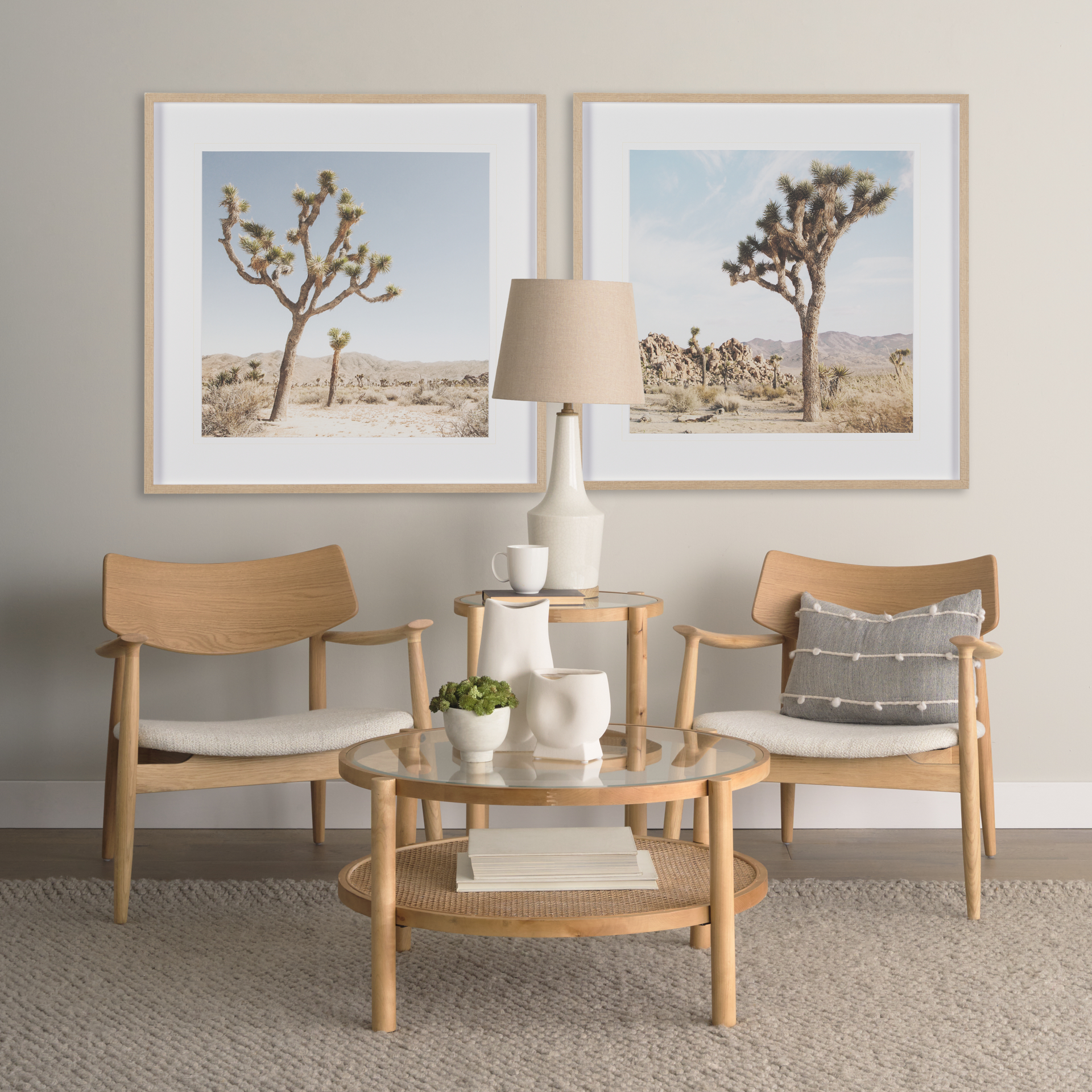 weslyn solid light brown wood and glass top w/ cane side table